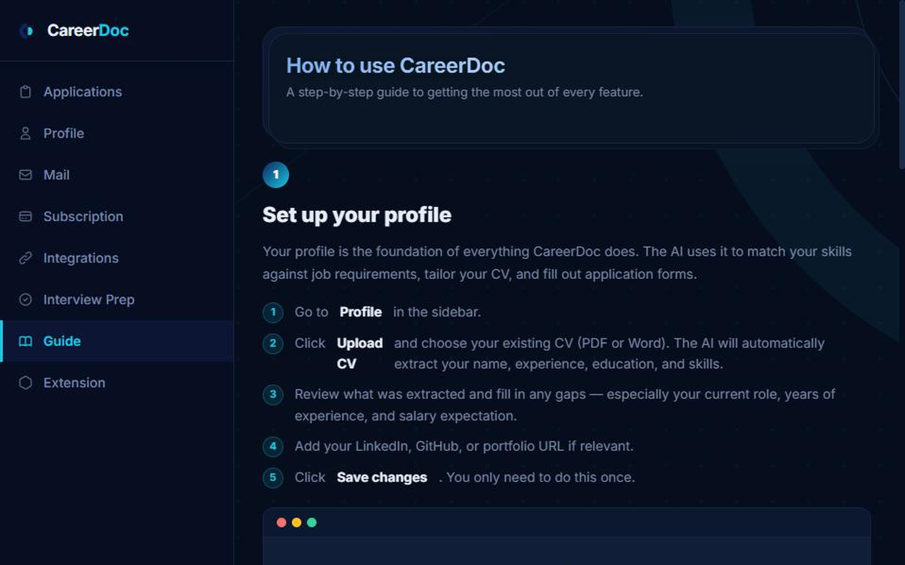 CareerDoc guide — step 1, set up your profile
